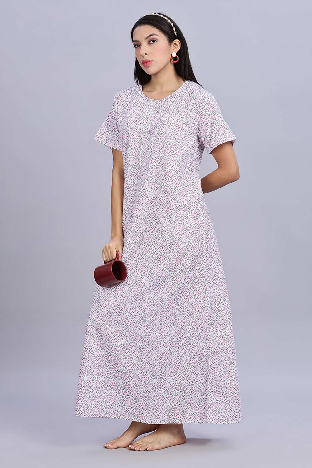Naidu Hall Women's Printed A-Line Nighty with Round Neck Mock Shawl Collar, Half Sleeves, and Lace Detailed Button Placket - Pink - NA07