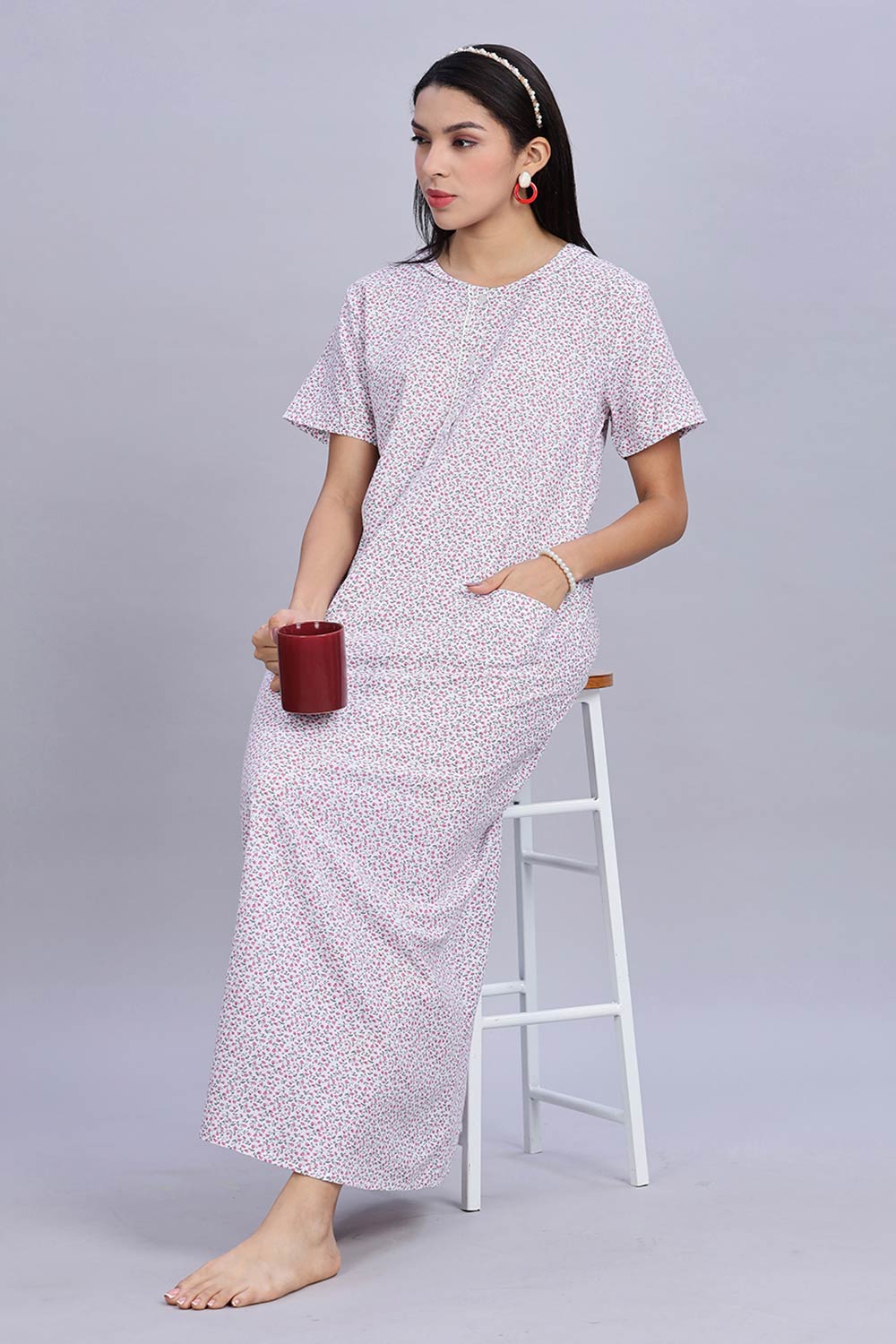 Naidu Hall Women's Printed A-Line Nighty with Round Neck Mock Shawl Collar, Half Sleeves, and Lace Detailed Button Placket - Pink - NA07