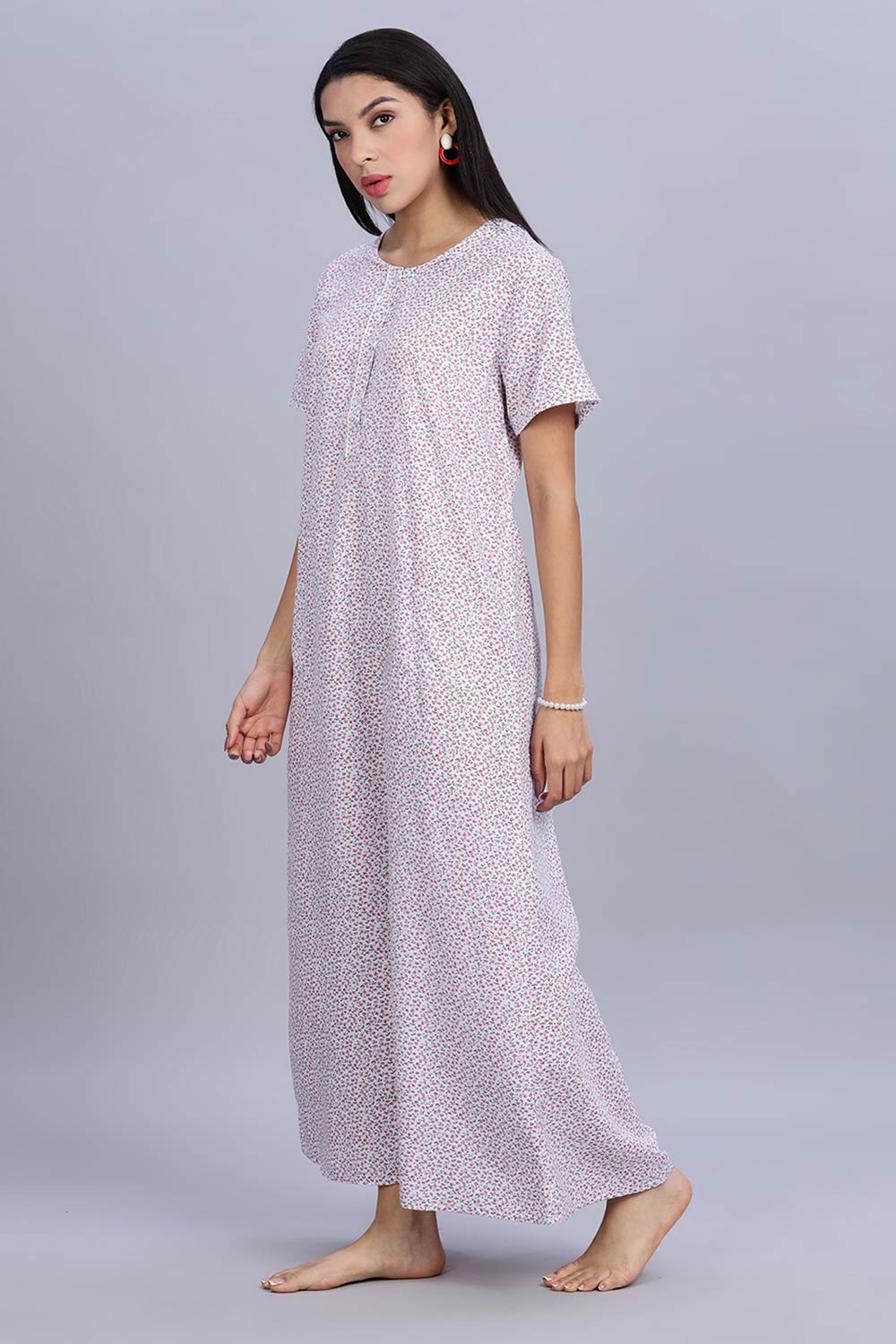 Naidu Hall Women's Printed A-Line Nighty with Round Neck Mock Shawl Collar, Half Sleeves, and Lace Detailed Button Placket - Pink - NA07