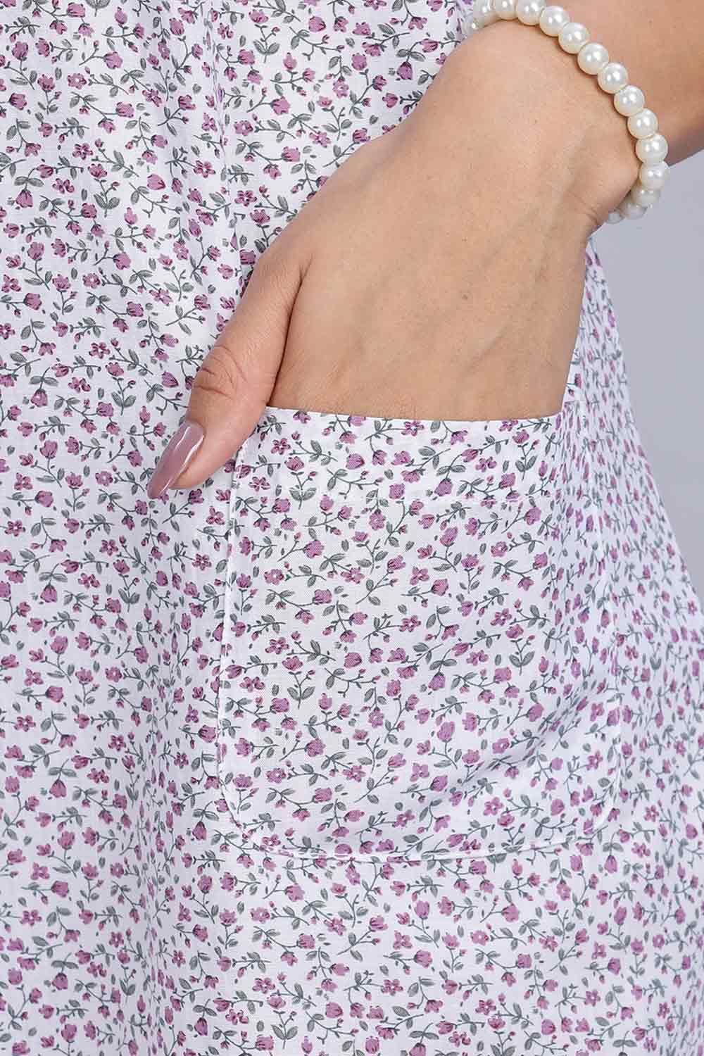 Naidu Hall Women's Printed A-Line Nighty with Round Neck Mock Shawl Collar, Half Sleeves, and Lace Detailed Button Placket - Purple - NA07