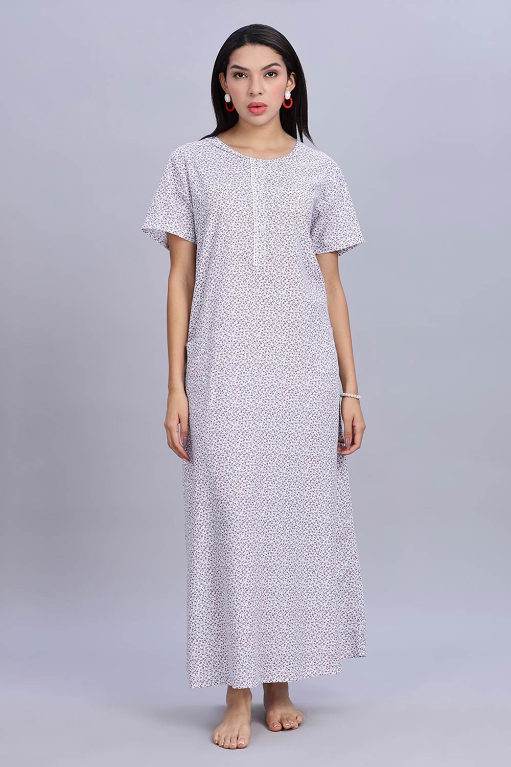 Naidu Hall Women's Printed A-Line Nighty with Round Neck Mock Shawl Collar, Half Sleeves, and Lace Detailed Button Placket - Purple - NA07