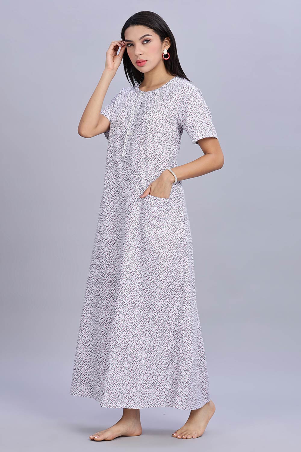 Naidu Hall Women's Printed A-Line Nighty with Round Neck Mock Shawl Collar, Half Sleeves, and Lace Detailed Button Placket - Purple - NA07
