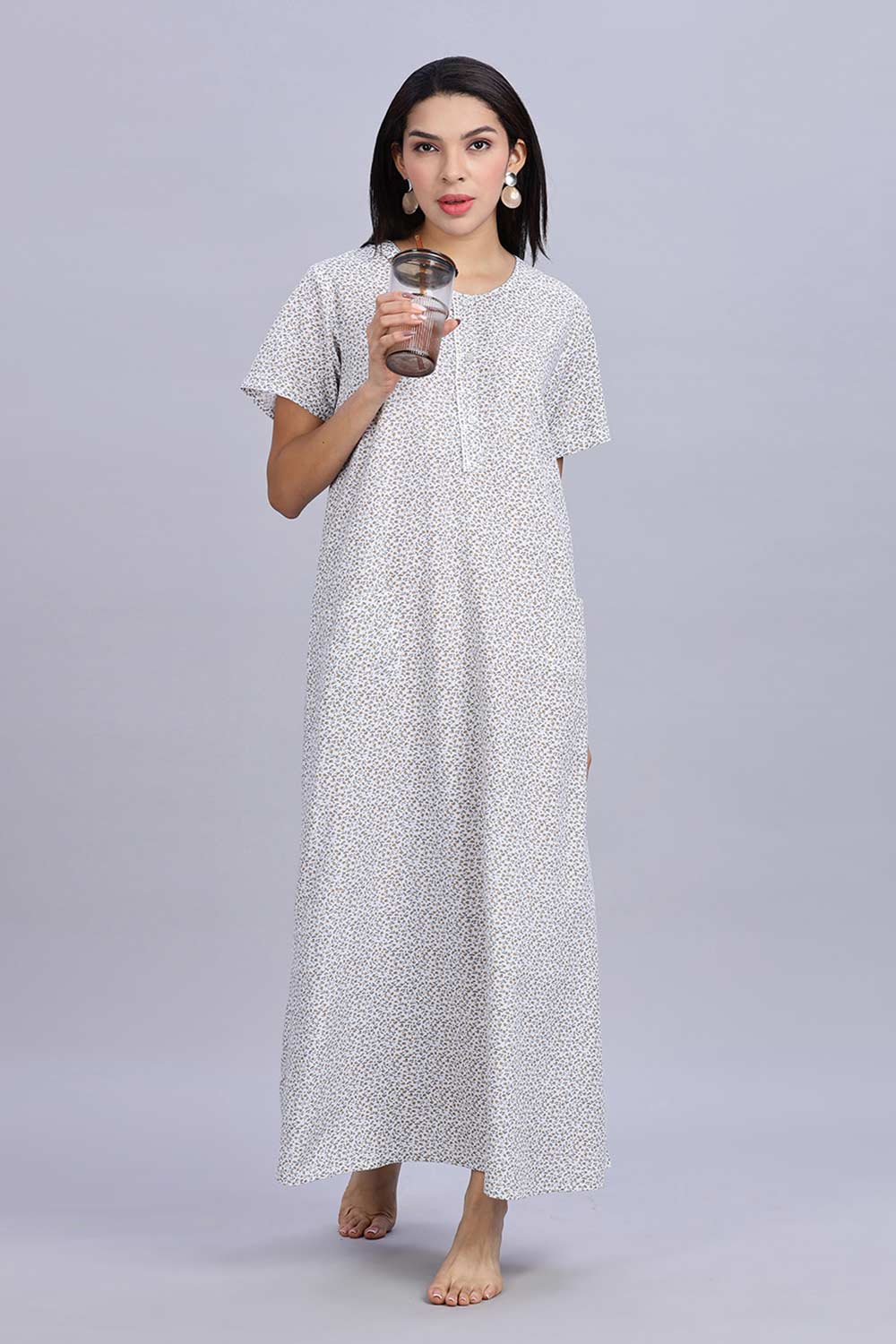 Naidu Hall Women's Printed A-Line Nighty with Round Neck Mock Shawl Collar, Half Sleeves, and Lace Detailed Button Placket - Brown - NA07