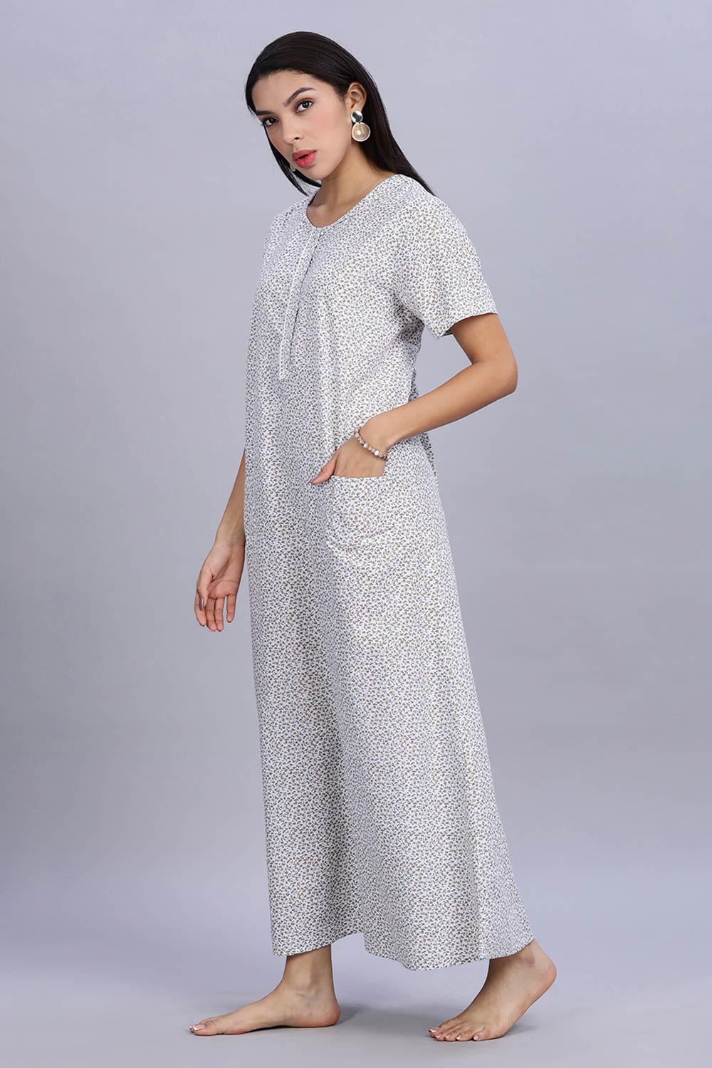 Naidu Hall Women's Printed A-Line Nighty with Round Neck Mock Shawl Collar, Half Sleeves, and Lace Detailed Button Placket - Brown - NA07