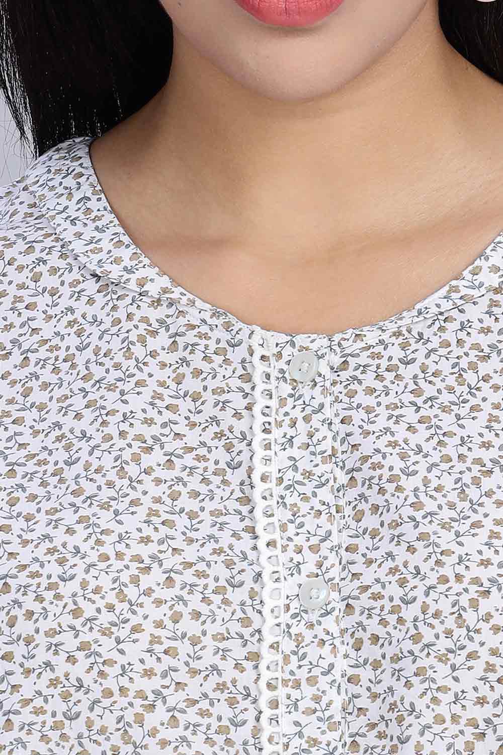 Naidu Hall Women's Printed A-Line Nighty with Round Neck Mock Shawl Collar, Half Sleeves, and Lace Detailed Button Placket - Brown - NA07