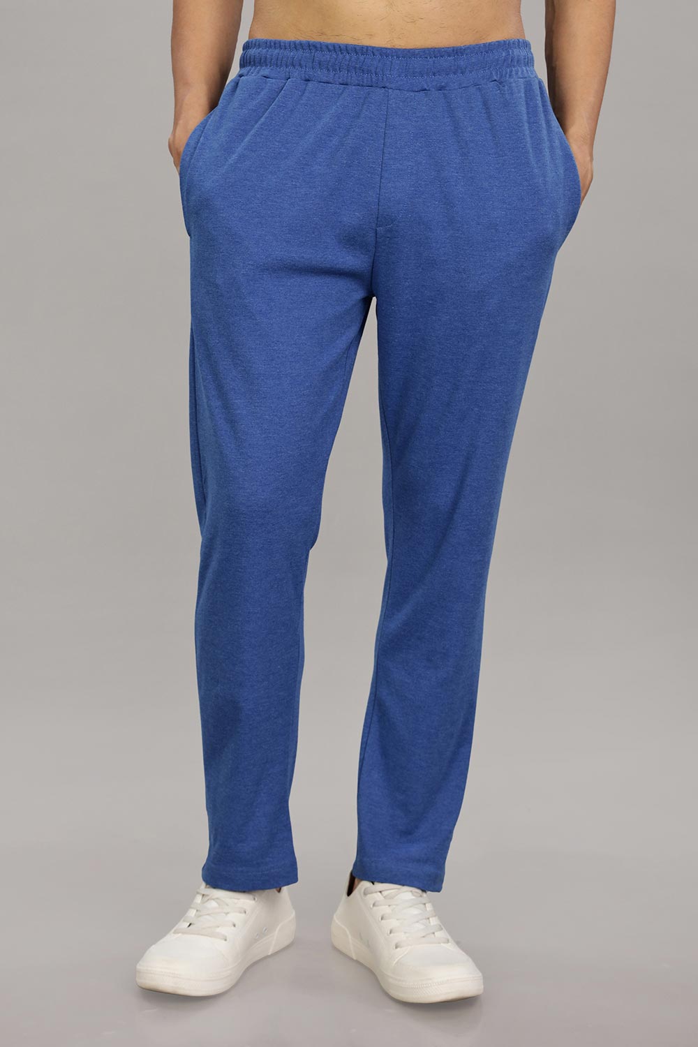 Enhance  Men's Cotton Blend Knitted Track Pants with Zipper Pocket and Drawstring Daily Wear & Sleepwear  - Blue Melange - TP03