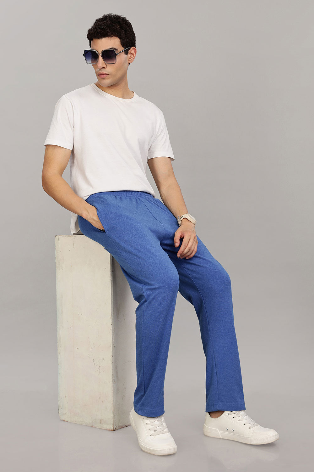 Enhance  Men's Cotton Blend Knitted Track Pants with Zipper Pocket and Drawstring Daily Wear & Sleepwear  - Blue Melange - TP03