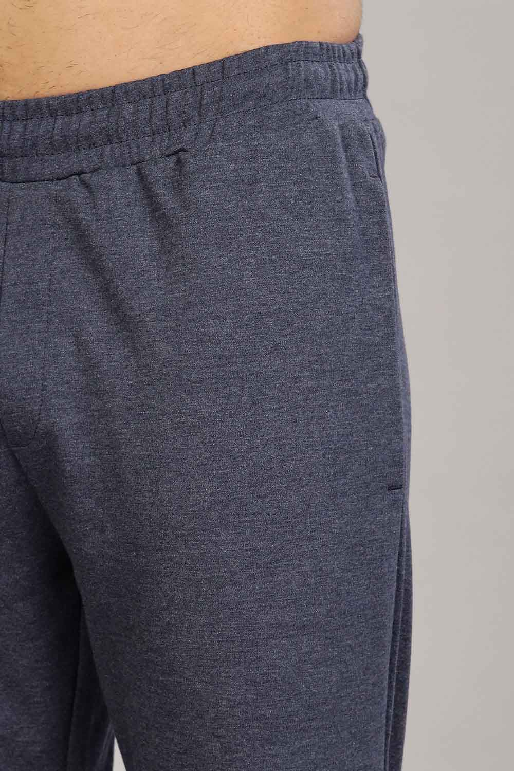 Enhance  Men's Cotton Blend Knitted Track Pants with Zipper Pocket and Drawstring Daily Wear & Sleepwear  - Navy Blue Melange- TP02