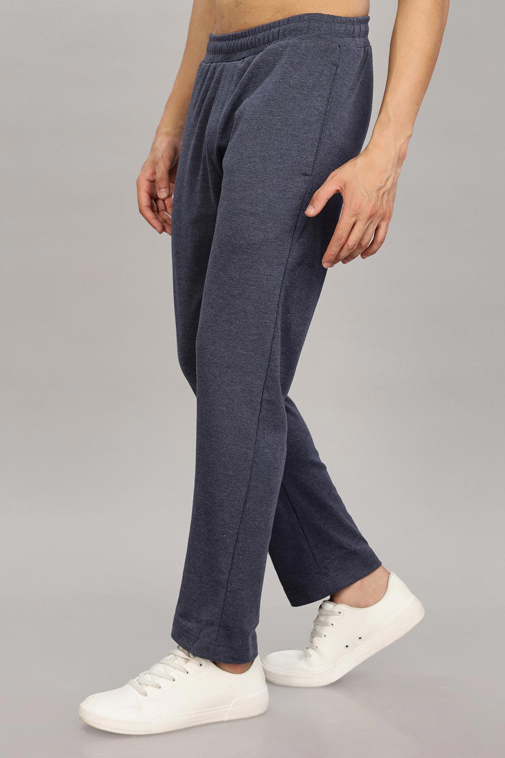 Enhance  Men's Cotton Blend Knitted Track Pants with Zipper Pocket and Drawstring Daily Wear & Sleepwear  - Navy Blue Melange- TP02
