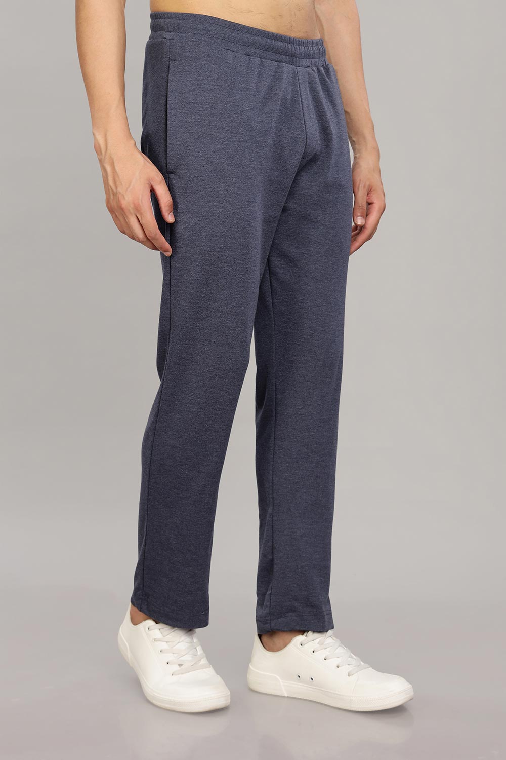 Enhance  Men's Cotton Blend Knitted Track Pants with Zipper Pocket and Drawstring Daily Wear & Sleepwear  - Navy Blue Melange- TP02