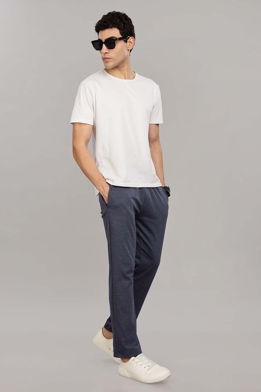 Enhance  Men's Cotton Blend Knitted Track Pants with Zipper Pocket and Drawstring Daily Wear & Sleepwear  - Navy Blue Melange- TP02