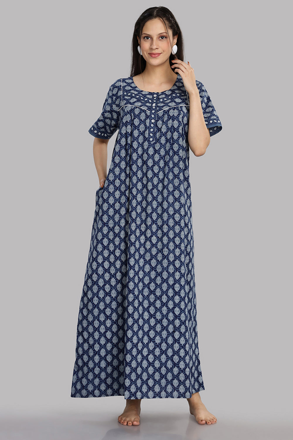 Naidu Hall Women's Round Neck A-Line Nighty with Front Button Placket and Piping Detailed Yoke - Indigo - NA17