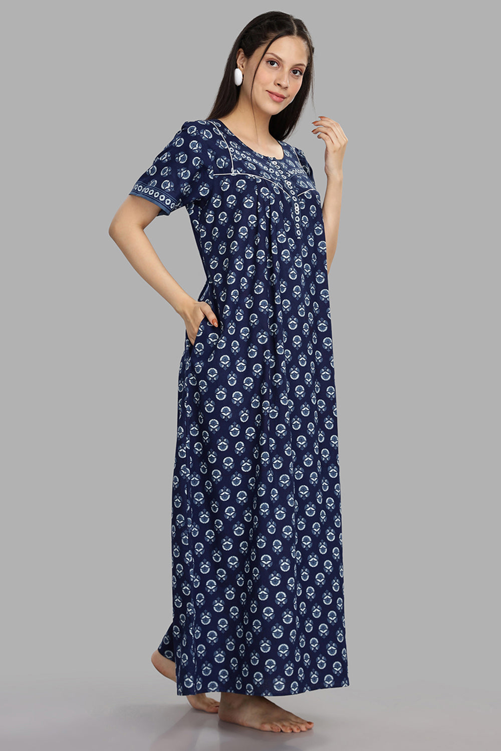 Naidu Hall Women's Round Neck A-Line Nighty with Front Button Placket and Piping Detailed Yoke - Indigo - NA19