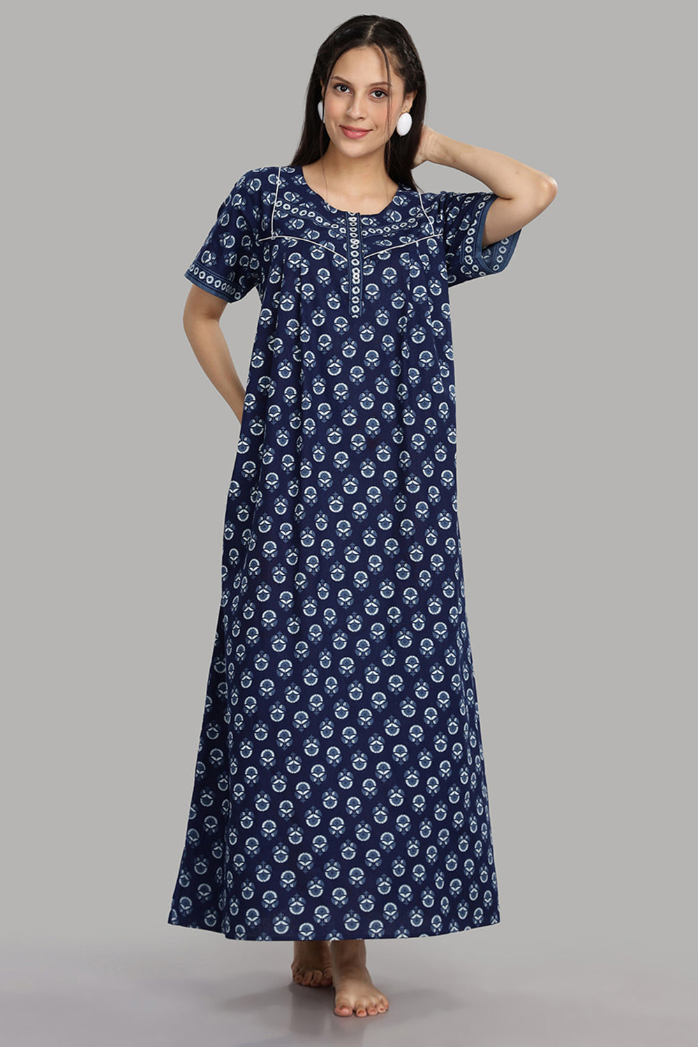 Naidu Hall Women's Round Neck A-Line Nighty with Front Button Placket and Piping Detailed Yoke - Indigo - NA19