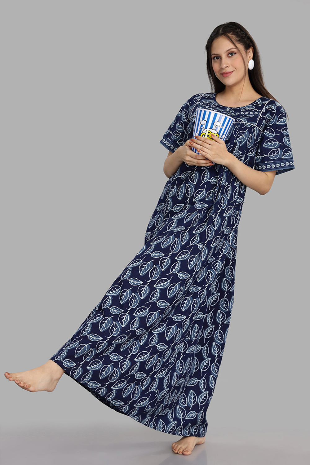 Naidu Hall Women's Round Neck A-Line Nighty with Front Button Placket and Piping Detailed Yoke - Indigo - NA15