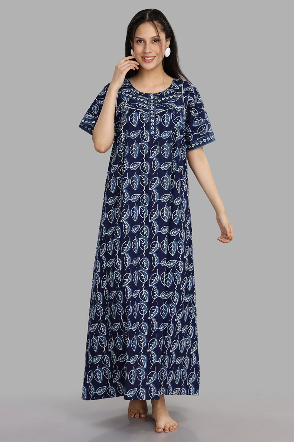 Naidu Hall Women's Round Neck A-Line Nighty with Front Button Placket and Piping Detailed Yoke - Indigo - NA15