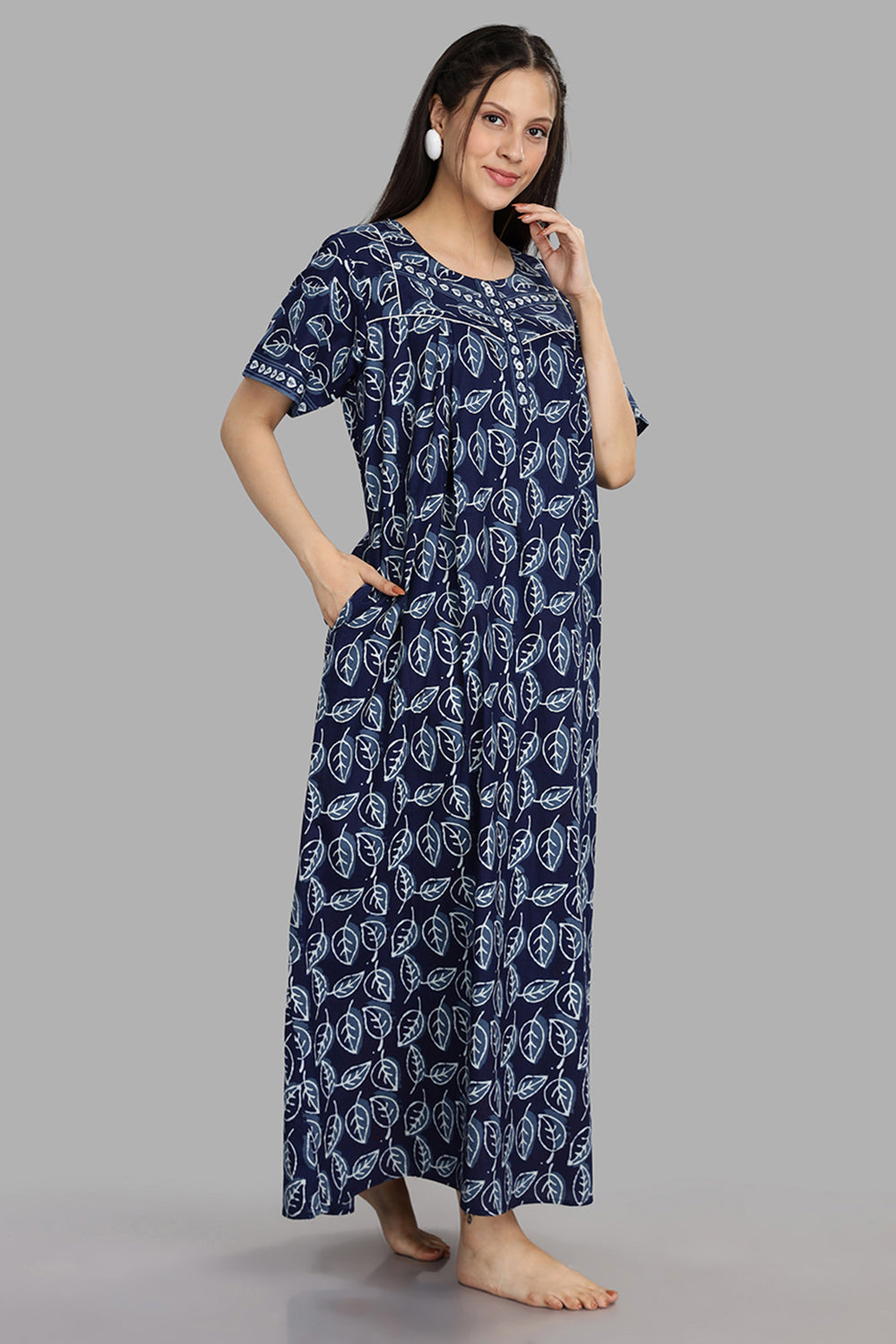 Naidu Hall Women's Round Neck A-Line Nighty with Front Button Placket and Piping Detailed Yoke - Indigo - NA15