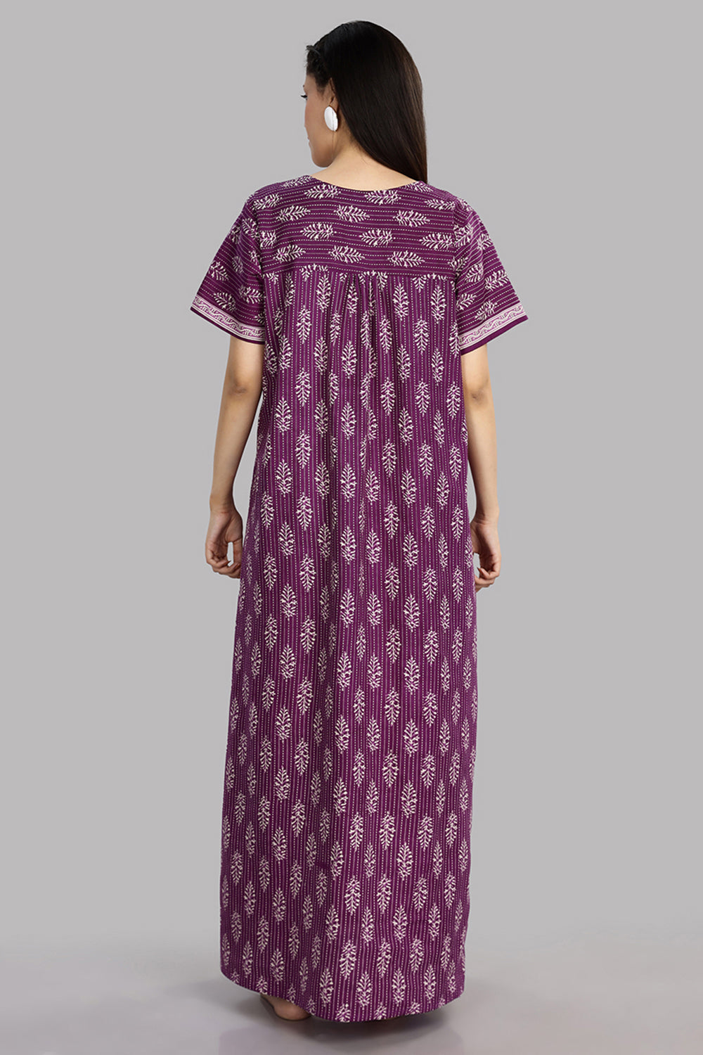 Naidu Hall Women's Round Neck A-Line Nighty with Front Button Placket and Piping Detailed Yoke - Lavender - NA21