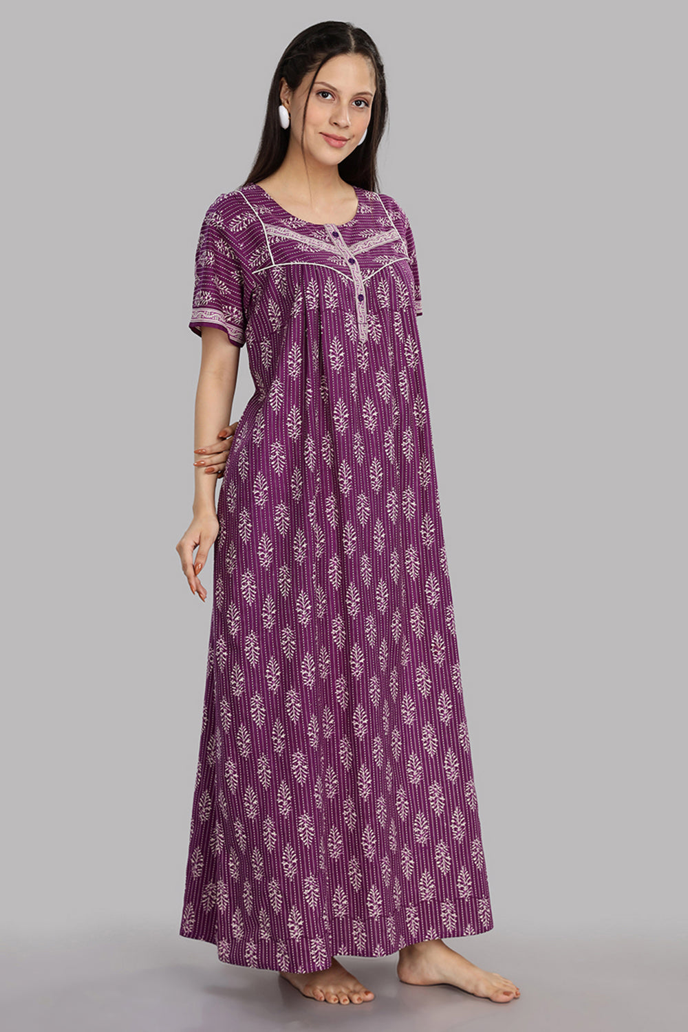 Naidu Hall Women's Round Neck A-Line Nighty with Front Button Placket and Piping Detailed Yoke - Lavender - NA21