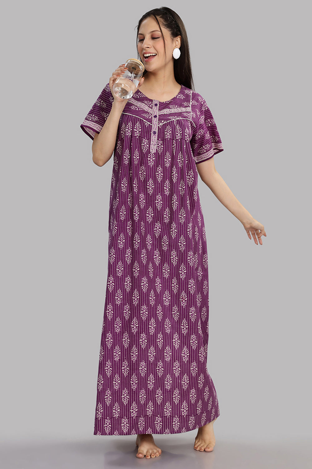 Naidu Hall Women's Round Neck A-Line Nighty with Front Button Placket and Piping Detailed Yoke - Lavender - NA21
