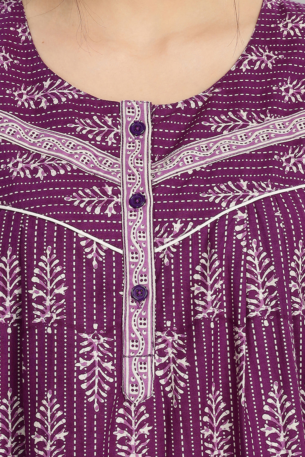 Naidu Hall Women's Round Neck A-Line Nighty with Front Button Placket and Piping Detailed Yoke - Lavender - NA21