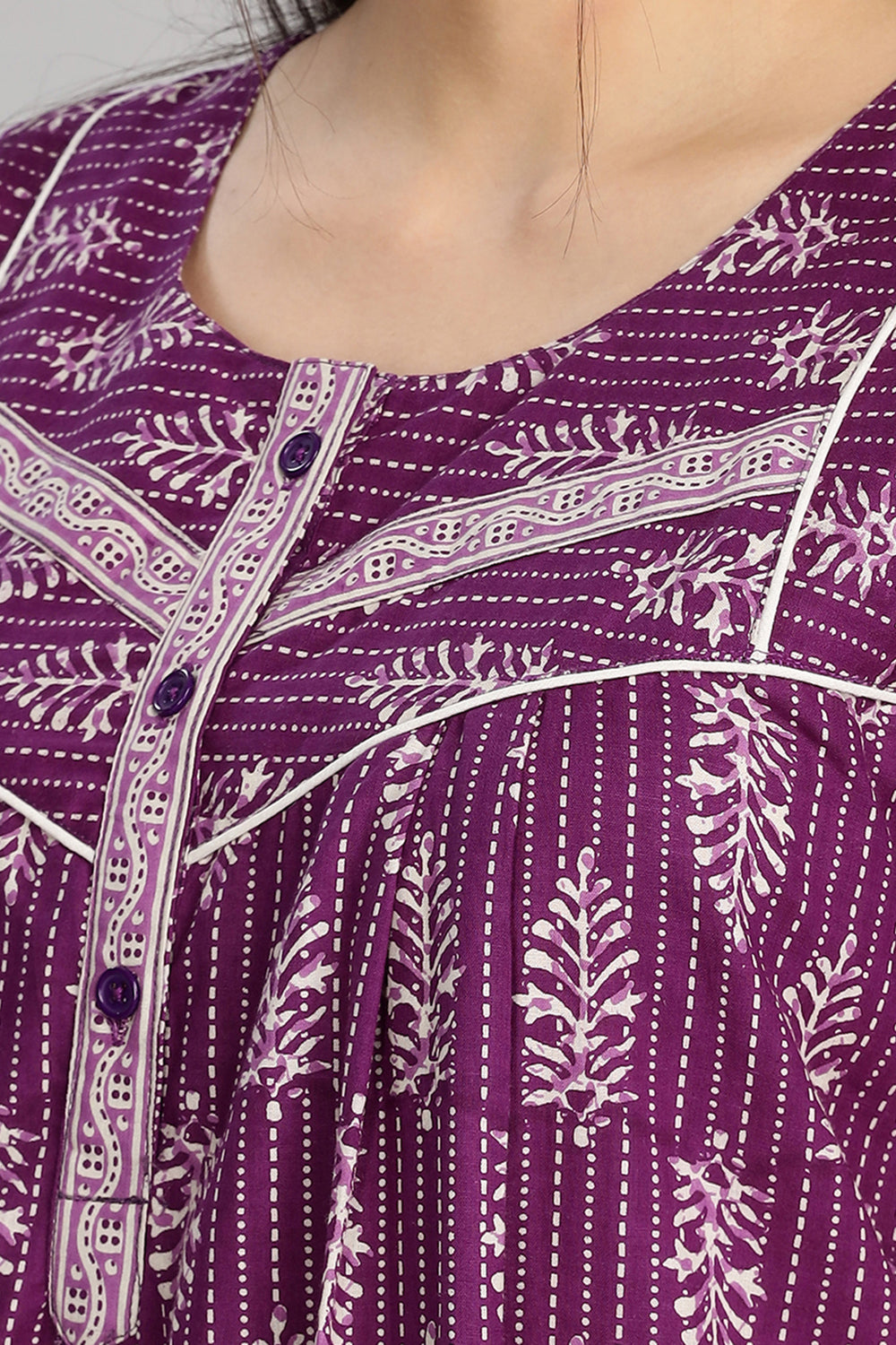 Naidu Hall Women's Round Neck A-Line Nighty with Front Button Placket and Piping Detailed Yoke - Lavender - NA21