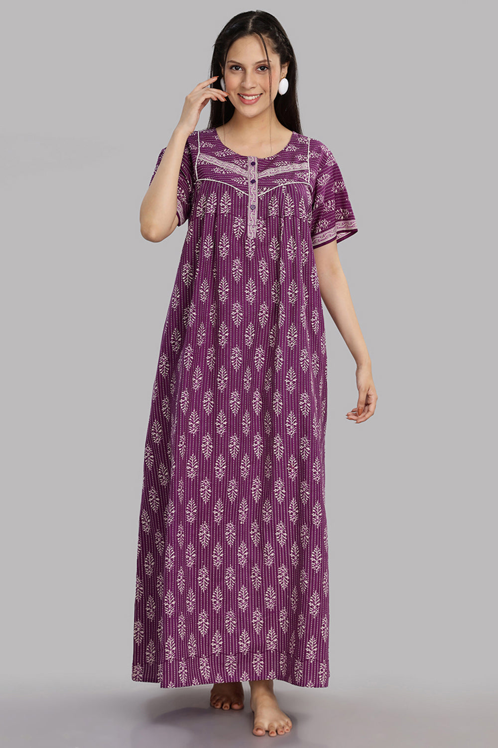 Naidu Hall Women's Round Neck A-Line Nighty with Front Button Placket and Piping Detailed Yoke - Lavender - NA21