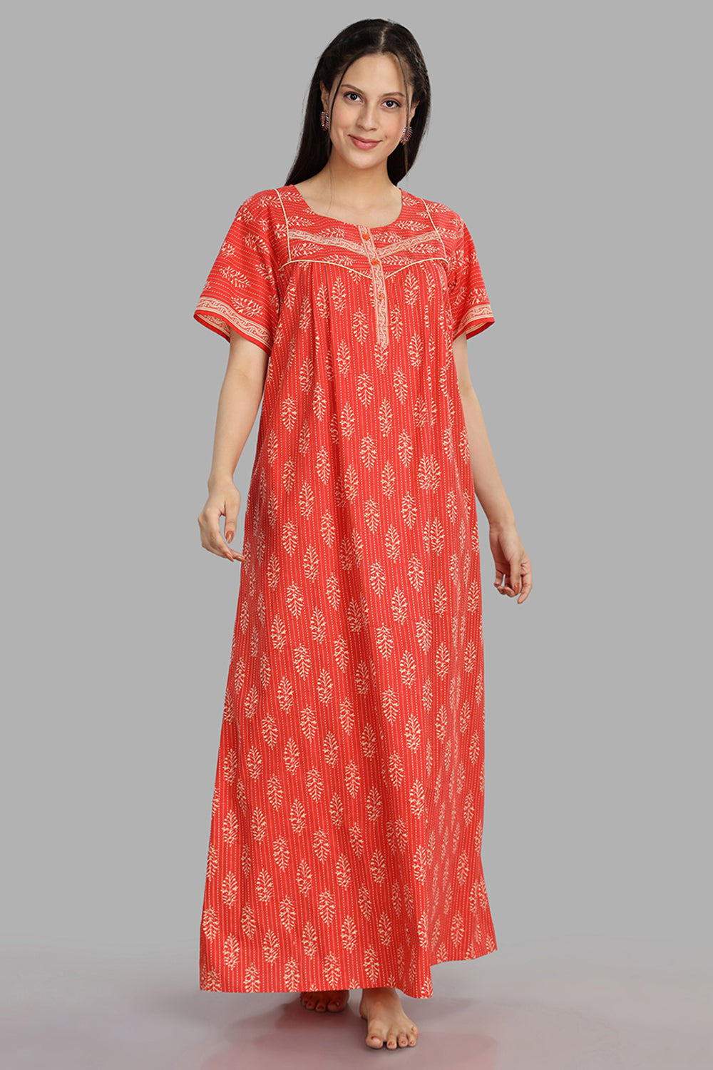 Naidu Hall Women's Round Neck A-Line Nighty with Front Button Placket and Piping Detailed Yoke - Orange - NA21