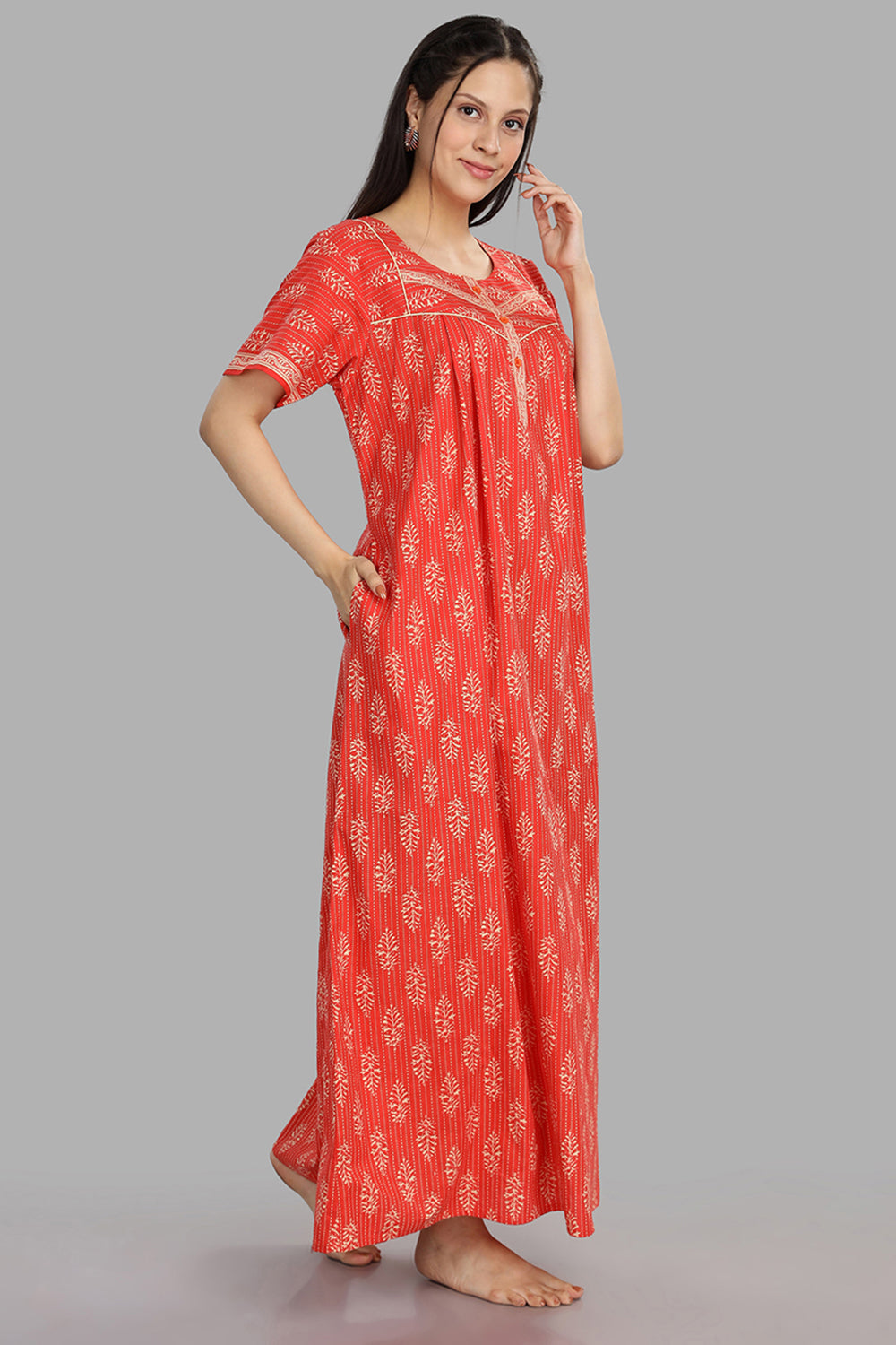 Naidu Hall Women's Round Neck A-Line Nighty with Front Button Placket and Piping Detailed Yoke - Orange - NA21