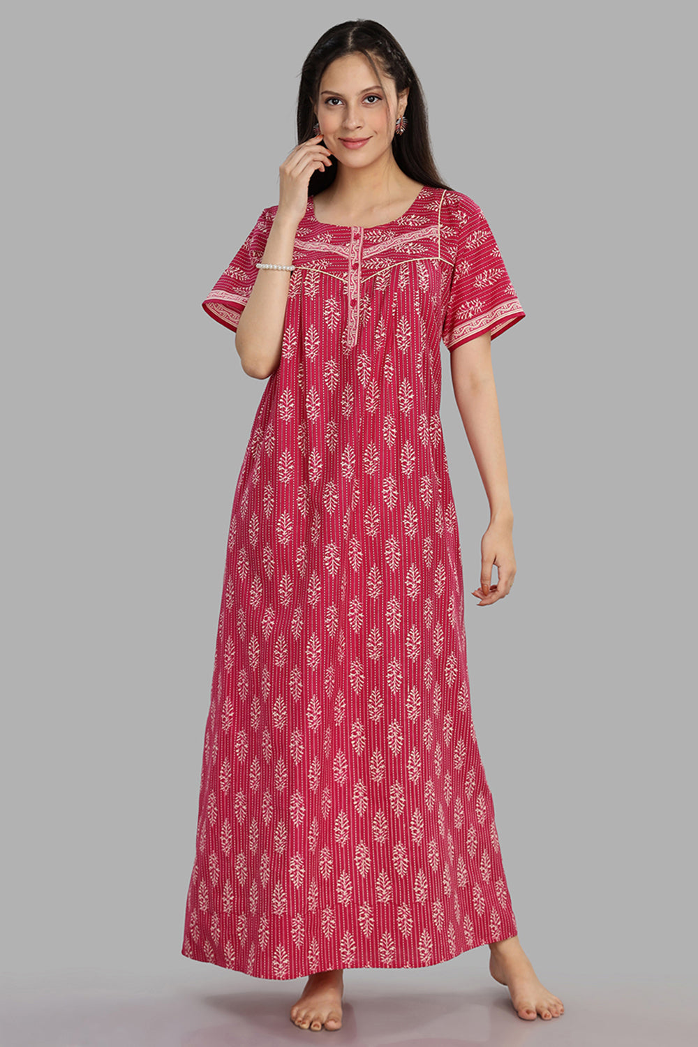 Naidu Hall Women's Round Neck A-Line Nighty with Front Button Placket and Piping Detailed Yoke - Pink - NA21