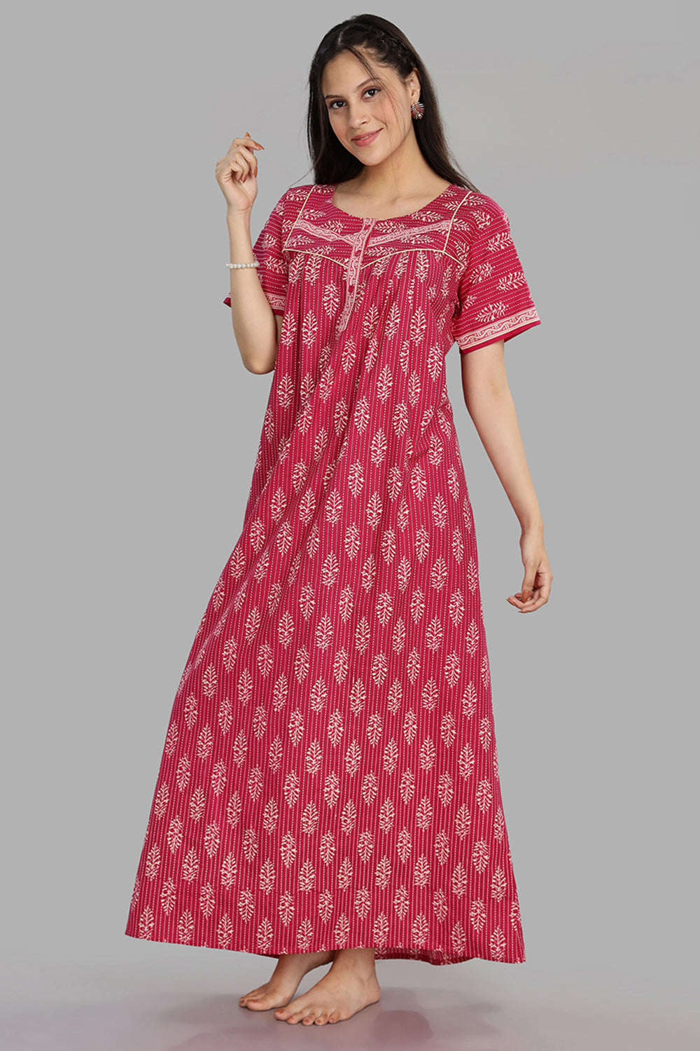 Naidu Hall Women's Round Neck A-Line Nighty with Front Button Placket and Piping Detailed Yoke - Pink - NA21