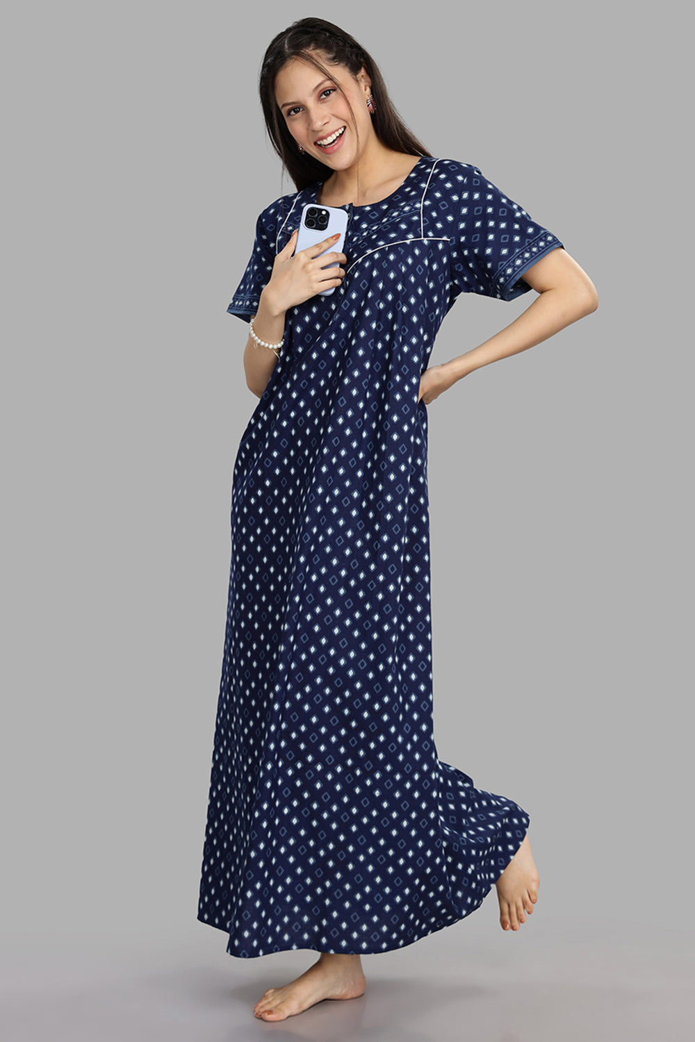 Naidu Hall Women's Round Neck A-Line Nighty with Front Button Placket and Piping Detailed Yoke - Indigo - NA18