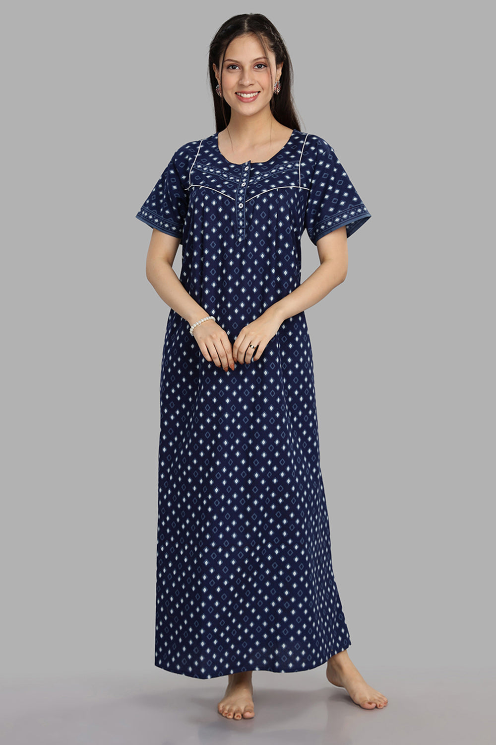 Naidu Hall Women's Round Neck A-Line Nighty with Front Button Placket and Piping Detailed Yoke - Indigo - NA18