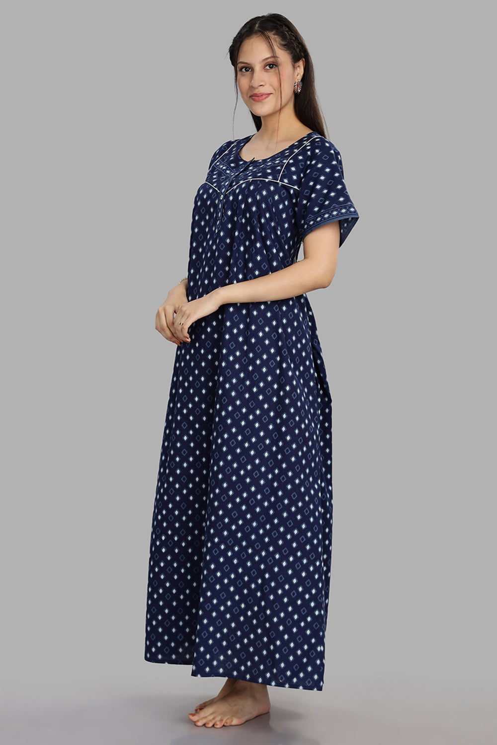 Naidu Hall Women's Round Neck A-Line Nighty with Front Button Placket and Piping Detailed Yoke - Indigo - NA18