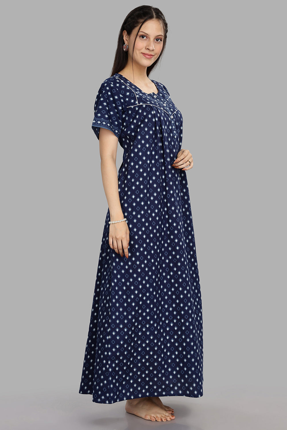 Naidu Hall Women's Round Neck A-Line Nighty with Front Button Placket and Piping Detailed Yoke - Indigo - NA18
