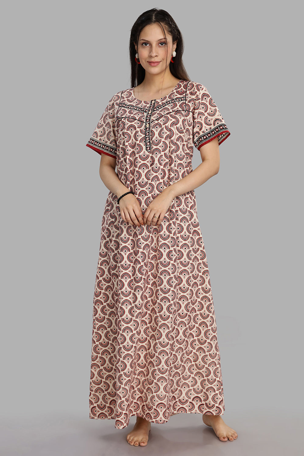 Naidu Hall Women's Round Neck A-Line Nighty with Front Button Placket and Piping Detailed Yoke - Beige - NA20