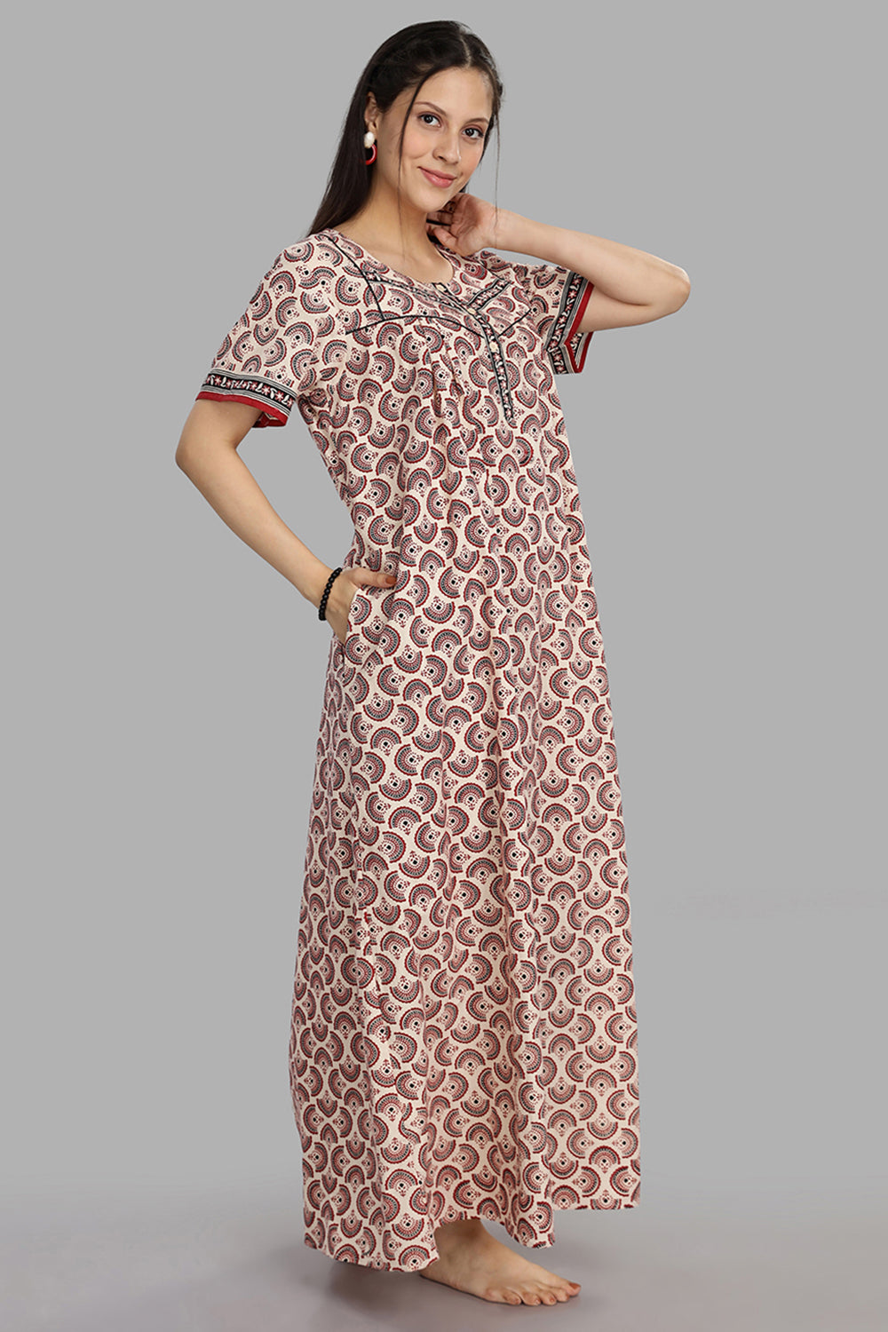 Naidu Hall Women's Round Neck A-Line Nighty with Front Button Placket and Piping Detailed Yoke - Beige - NA20