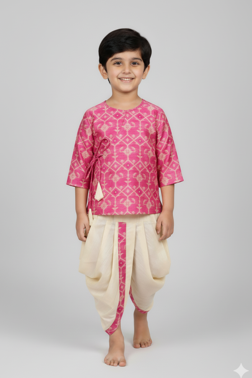 Navkrish Boys Cotton Kurta Dhoti Set – Jamdhani Traditional Wear - Pink - KD05