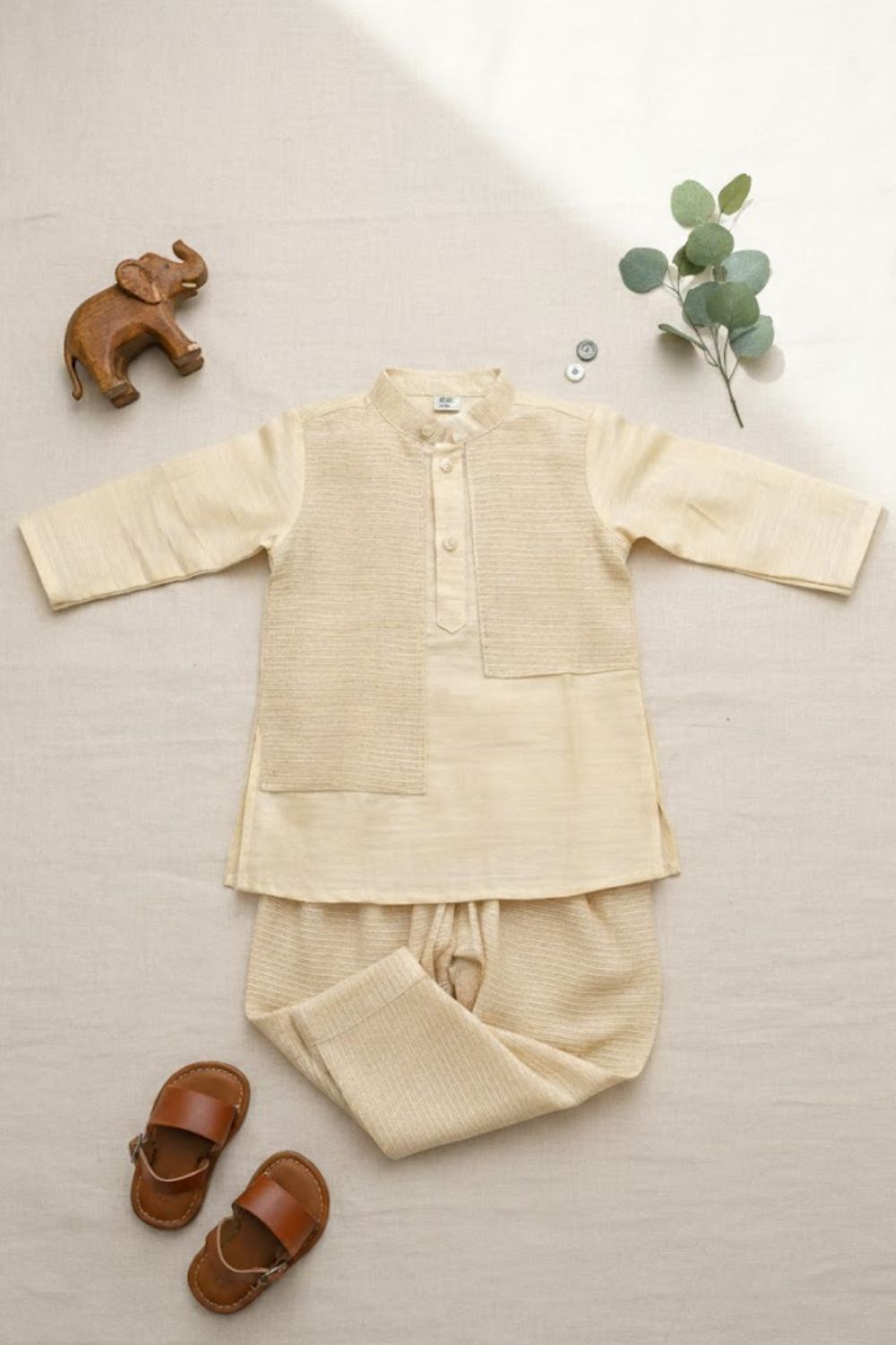 Navkrish Boys Traditional Kurta Set | Off White Brocade Kurta with Mandarin Collar & Front Attached Panel Jacket Look | Gold Checked Brocade Pattern | Festive Ethnic Wear for Boys - S017