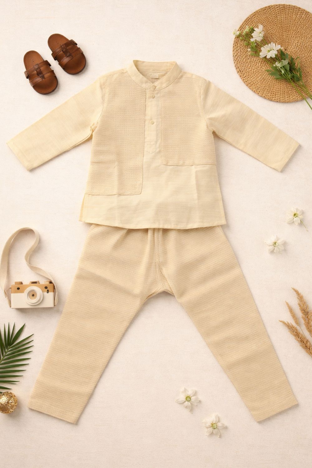 Navkrish Boys Traditional Kurta Set | Off White Brocade Kurta with Mandarin Collar & Front Attached Panel Jacket Look | Gold Checked Brocade Pattern | Festive Ethnic Wear for Boys - S017