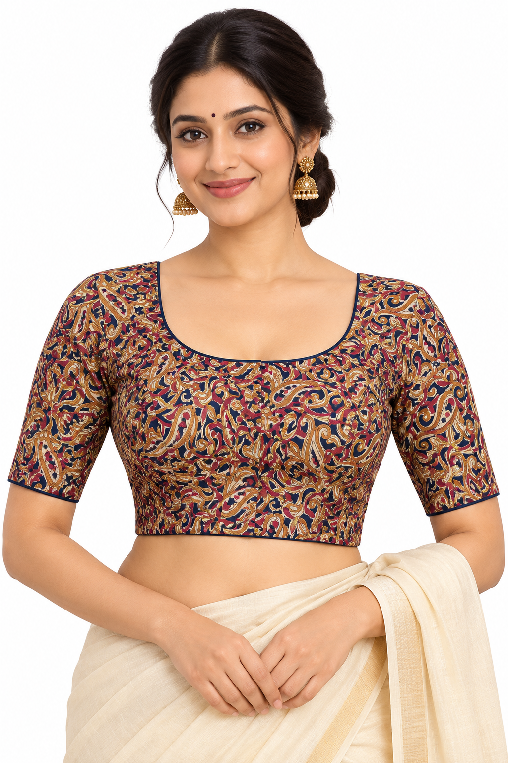 Women's Prints Cotton Blend Saree Blouse with Round Neck, Elbow Sleeve and Regular Fit | Ready-to-Wear Saree Blouse for Daily Wear & Festive Wear - 144C