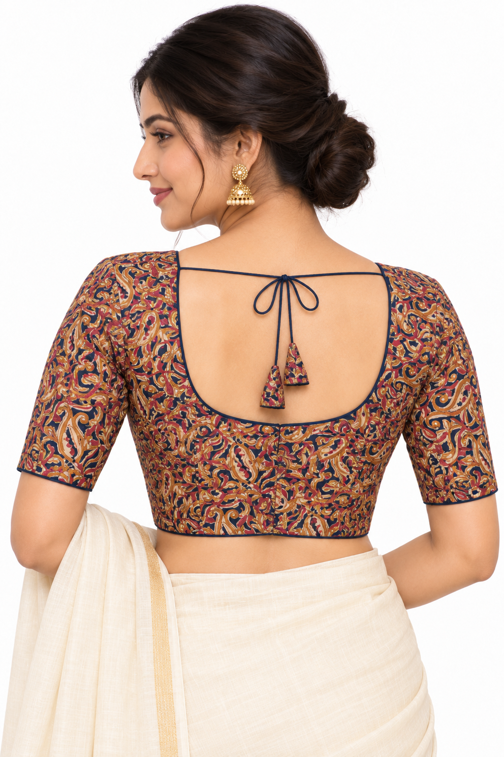 Women's Prints Cotton Blend Saree Blouse with Round Neck, Elbow Sleeve and Regular Fit | Ready-to-Wear Saree Blouse for Daily Wear & Festive Wear - 144C