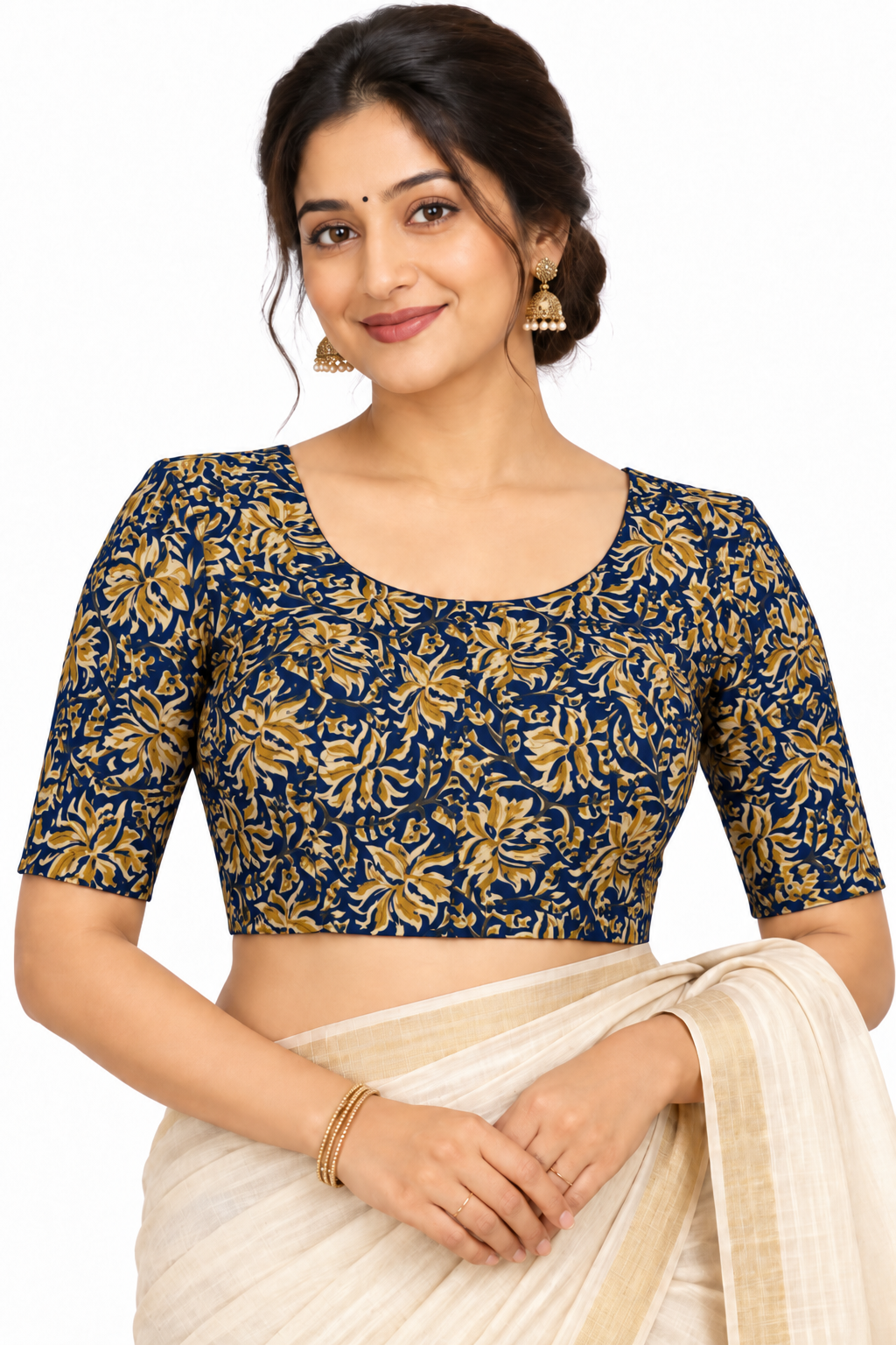 Women's Prints Cotton Blend Saree Blouse with Round Neck, Elbow Sleeve and Regular Fit | Ready-to-Wear Saree Blouse for Daily Wear & Festive Wear - 144B