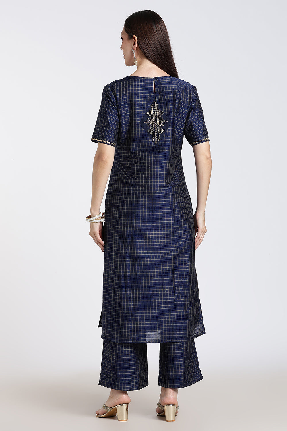Mythri Women's Cotton Blend Embroidered Kurta Set with Wide Leg Pants | Crossover V-Neck Ethnic Kurta Set for Women | Festive & Traditional Wear - KS04