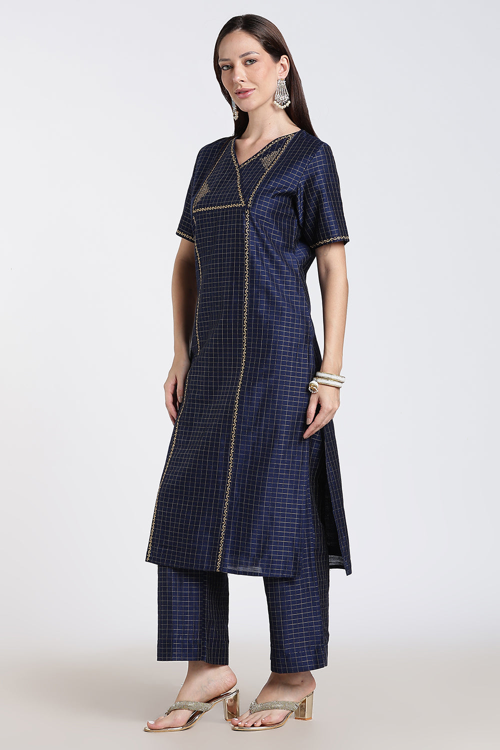 Mythri Women's Cotton Blend Embroidered Kurta Set with Wide Leg Pants | Crossover V-Neck Ethnic Kurta Set for Women | Festive & Traditional Wear - KS04