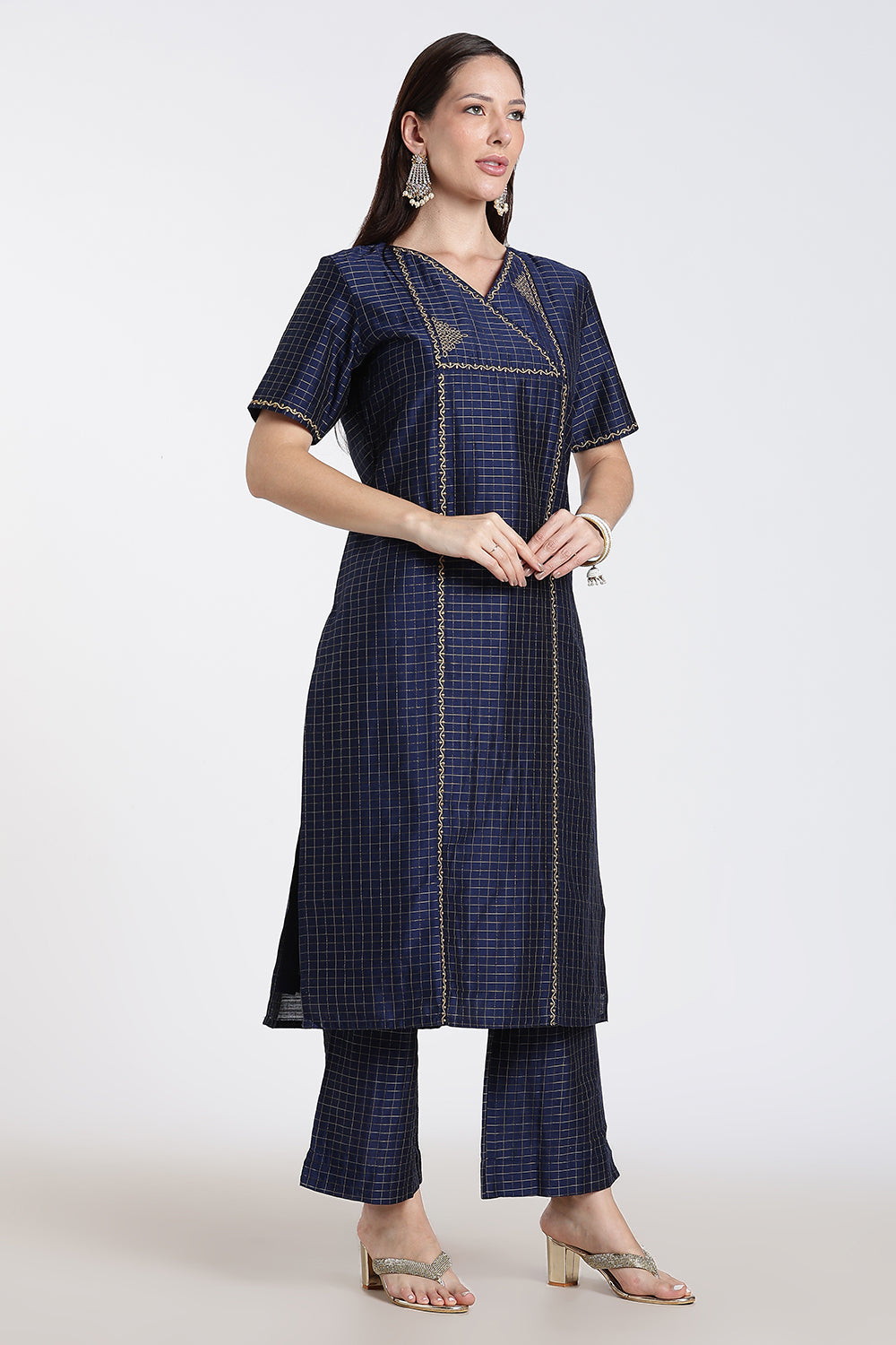 Mythri Women's Cotton Blend Embroidered Kurta Set with Wide Leg Pants | Crossover V-Neck Ethnic Kurta Set for Women | Festive & Traditional Wear - KS04