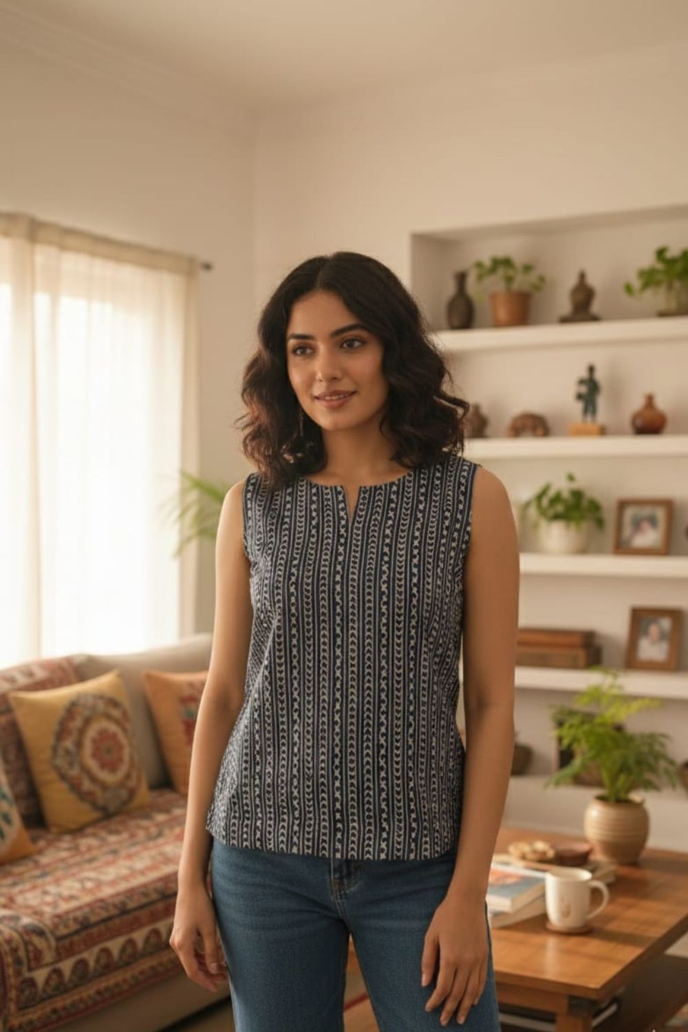 Women’s Cotton Blend Ethnic Top – Regular Fit Sleeveless Printed Top with Round V-Neck | Stylish Everyday Wear Top - Grey - OF04