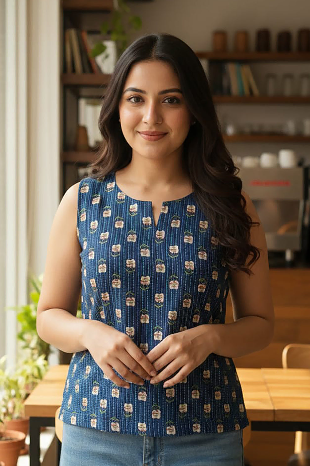 Women’s Cotton Blend Ethnic Top – Regular Fit Sleeveless Printed Top with Round V-Neck | Stylish Everyday Wear Top - Navy - OF06