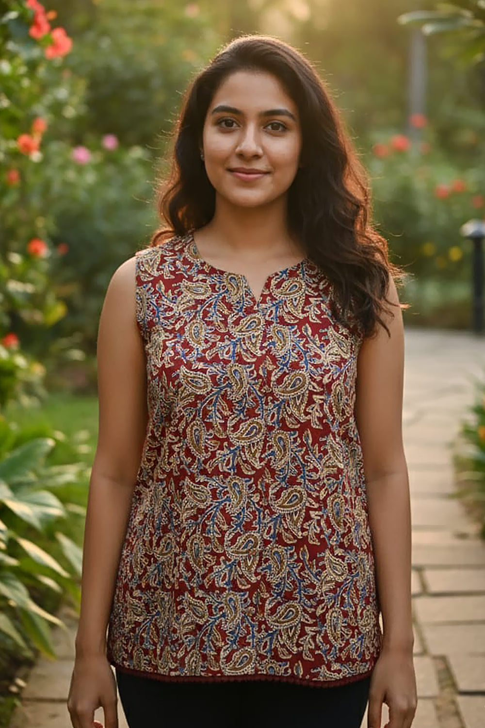 Women’s Cotton Blend Ethnic Top – Regular Fit Sleeveless Printed Top with Round V-Neck | Stylish Everyday Wear Top - Maroon - OF08