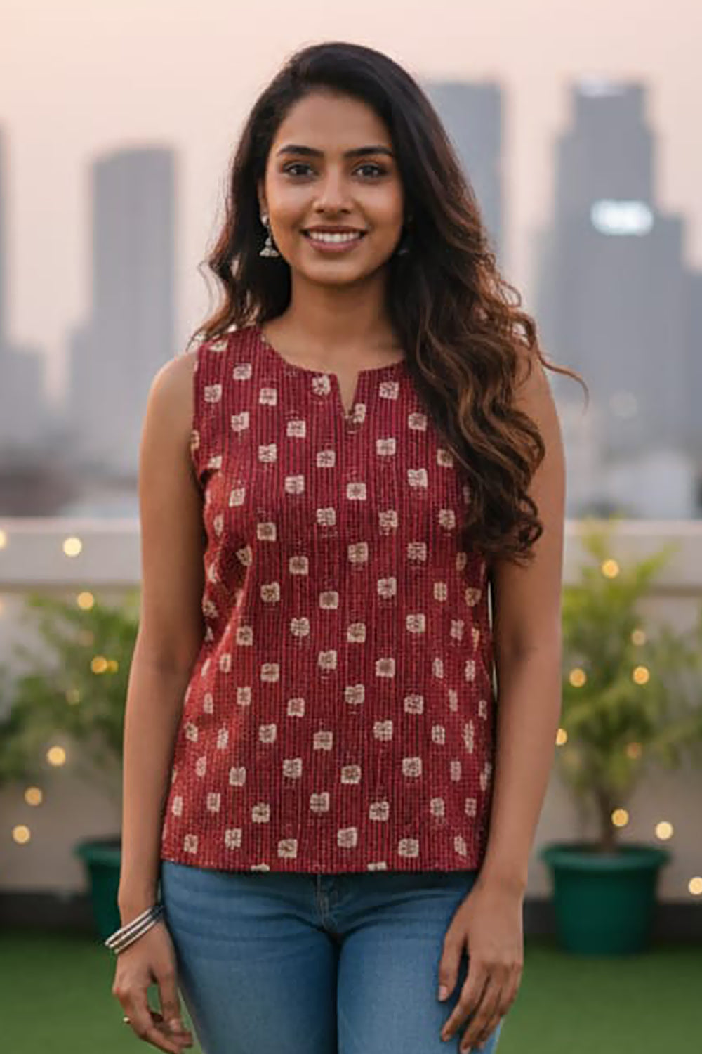 Women’s Cotton Blend Ethnic Top – Regular Fit Sleeveless Printed Top with Round V-Neck | Stylish Everyday Wear Top - Maroon - OF11